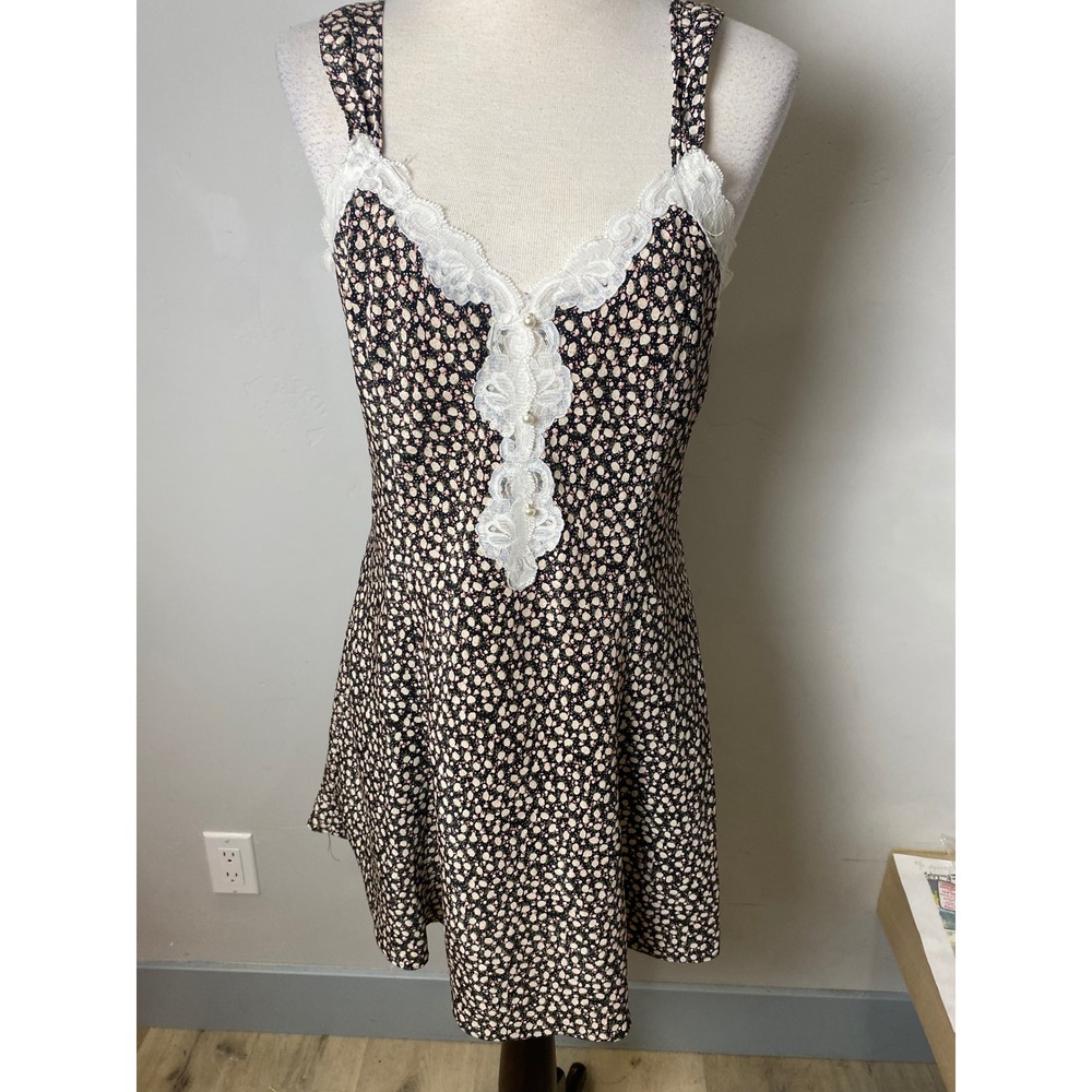 Vintage 90s California Dynasty Floral Lace Pearl Mini Dress Black Pink Women M